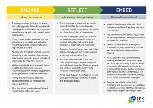 Process Chart - Engage (Making the Connection), Reflect (Understanding the Organisation) and Embed (Planning the Commitment)